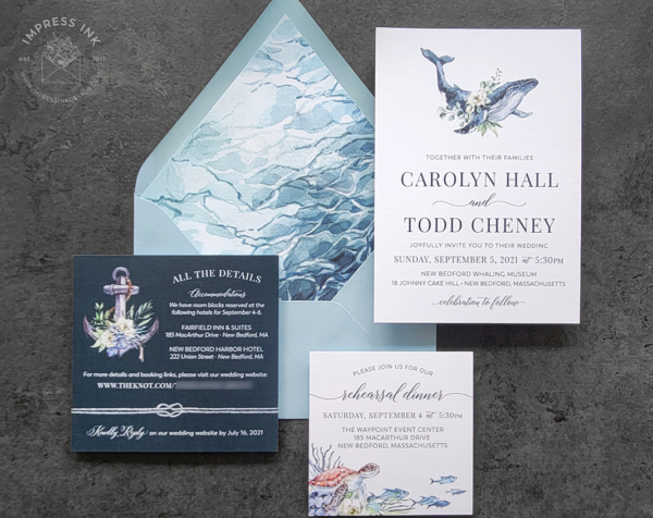 Watercolor Whale Nautical Invitation with shade of blue and ocean print envelope liners, anchor and sea turtle details