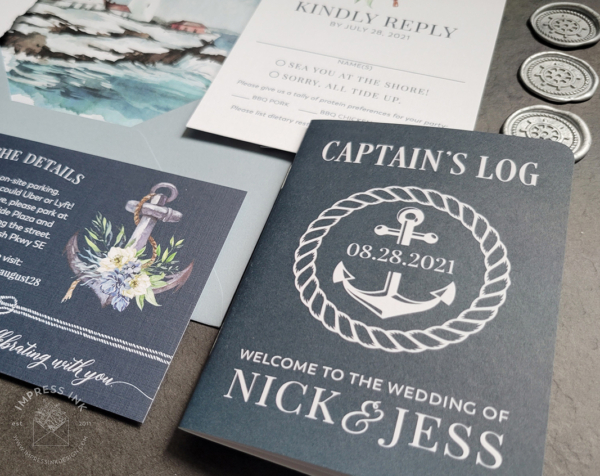 Navy blue captains log programs and wax seals