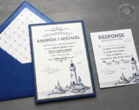 Navy Nautical Lighthouse Invitation with sketch of a coastal landscape and light house. Anchor pattern envelope liners