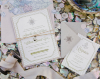 Nautical Compass Map Invitation with compass rose, anchors, nautical stripe border. Envelopes lined with vintage map