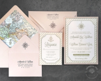 Nautical Compass Map Invitation with compass rose, anchors, nautical stripe border. Envelopes lined with vintage map