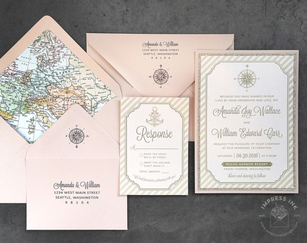 Nautical Compass Map Invitation with compass rose, anchors, nautical stripe border. Envelopes lined with vintage map