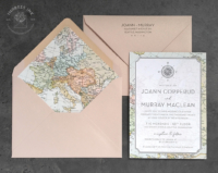 Nautical Travel Map Invitation with compass rose and vintage map background and envelope liners