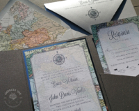 Travel Map Pocket Invitation with compass rose and vintage map background and envelope liners