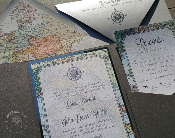 Travel Map Pocket Invitation with compass rose and vintage map background and envelope liners