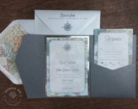 Travel Map Pocket Invitation with compass rose and vintage map background and envelope liners