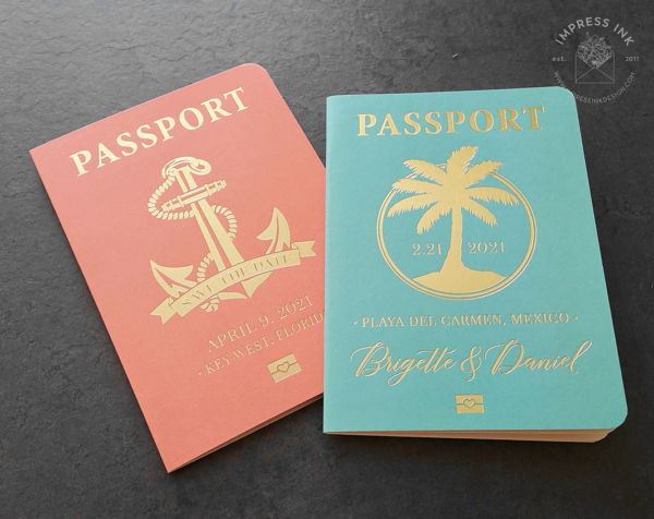 Travel Passport Booklet Invitations with gold foil imprint of nautical anchor or palm tree
