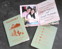 Arizona Passport Booklet Invitations with desert landscape imprint in copper foil against a sage green background
