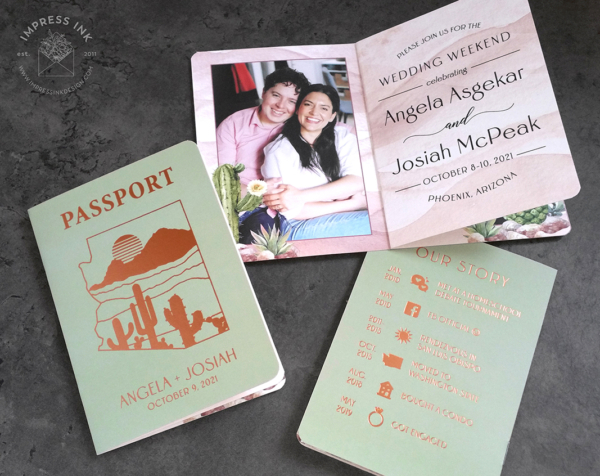 Arizona Passport Booklet Invitations with desert landscape imprint in copper foil against a sage green background