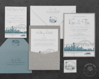 Dusty Blue Seattle Invitation with city skyline silhouette and Mount Rainier, ferry boat
