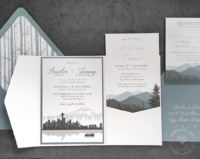 Gray Seattle Skyline Invitation in shades of gray and dusty blue