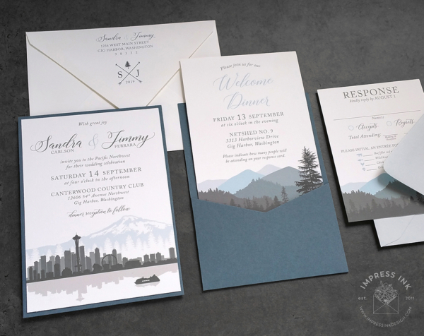 Gray Seattle Skyline Invitation in shades of gray and dusty blue