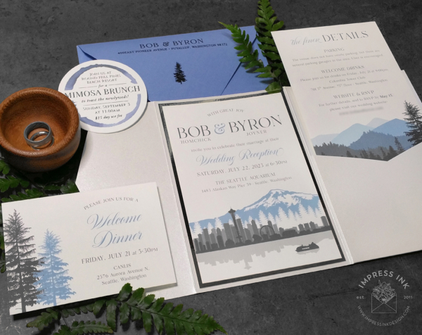 Blue Seattle Skyline Invitation in shades of gray and French blue