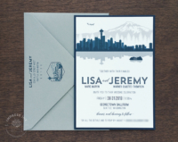 Navy Blue Seattle Invitation with city skyline silhouette and Mount Rainier, ferry boat
