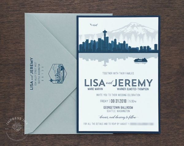 Navy Blue Seattle Invitation with city skyline silhouette and Mount Rainier, ferry boat
