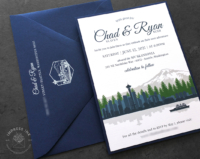 Green Blue Seattle Invitation with city skyline silhouette and Mount Rainier, ferry boat