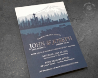 Navy Seattle Skyline Invitation with dark blue masculine color scheme and metallic silver foil imprint