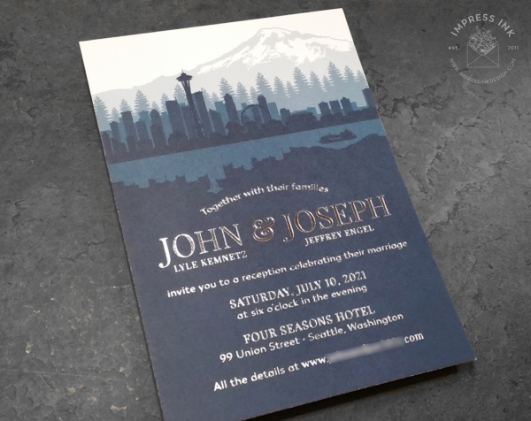 Navy Seattle Skyline Invitation with dark blue masculine color scheme and metallic silver foil imprint