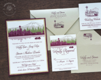 Burgundy Green Seattle Invitation with city skyline silhouette and Mount Rainier, ferry boat