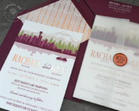 Burgundy Seattle City Invitation with translucent vellum wrap and copper foil imprint
