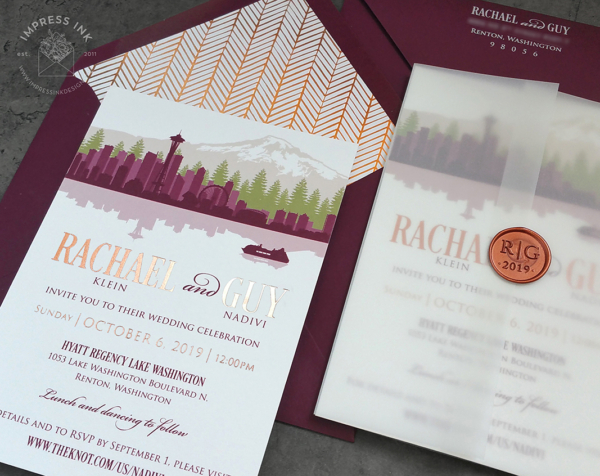 Burgundy Seattle City Invitation with translucent vellum wrap and copper foil imprint