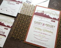 Laser Cut Seattle Invitation with city skyline silhouette and Mount Rainier, ferry boat