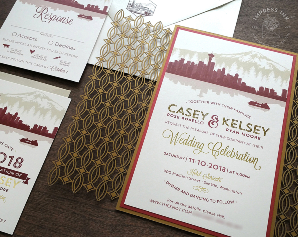 Laser Cut Seattle Invitation with city skyline silhouette and Mount Rainier, ferry boat