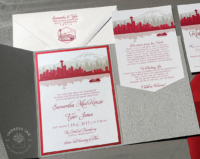 Red Pocket Seattle Invitation with city skyline silhouette and Mount Rainier, ferry boat