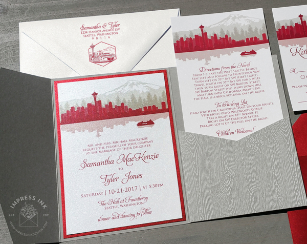 Red Pocket Seattle Invitation with city skyline silhouette and Mount Rainier, ferry boat