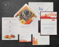 Red Orange Seattle Invitation with city skyline silhouette and Mount Rainier, ferry boat