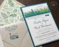 Teal Fern Seattle Invitation with city skyline silhouette and Mount Rainier, ferry boat