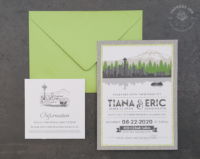 Gray Green Seattle Invitation with city skyline silhouette and Mount Rainier, ferry boat