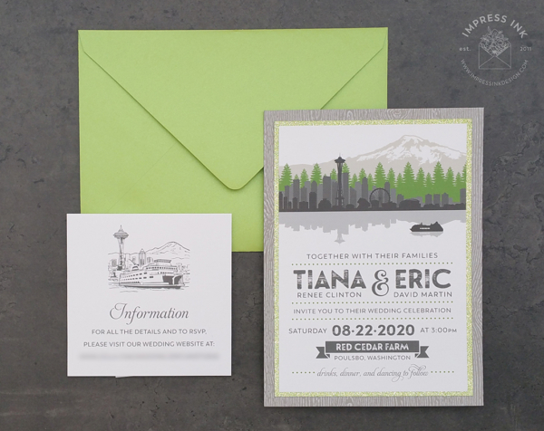 Gray Green Seattle Invitation with city skyline silhouette and Mount Rainier, ferry boat