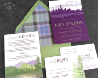 Purple Green Seattle Invitation with dark plum city silhouette and green wilderness accents, plaid envelope liners.