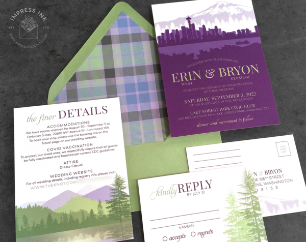 Purple Green Seattle Invitation with dark plum city silhouette and green wilderness accents, plaid envelope liners.