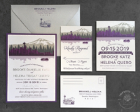 Purple Seattle Skyline Invitation with matching reply postcards and save the dates, silver accents and envelopes