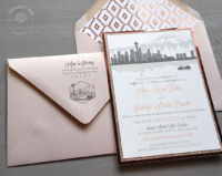 Rose Gold City Invitation with Seattle Skyline, Mount Rainier and ferry boat