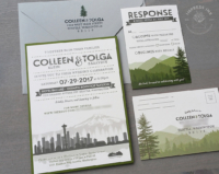 Olive Gray Seattle Invitation with city skyline silhouette and Mount Rainier, ferry boat