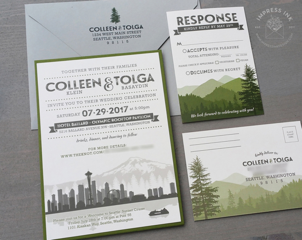 Olive Gray Seattle Invitation with city skyline silhouette and Mount Rainier, ferry boat