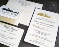 Gold Seattle Skyline Invitation with gold foil city silhouette and navy blue accents, reply cards and thank you cards