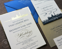 Washington DC City Invitation in gold foil imprint with blue satin envelopes