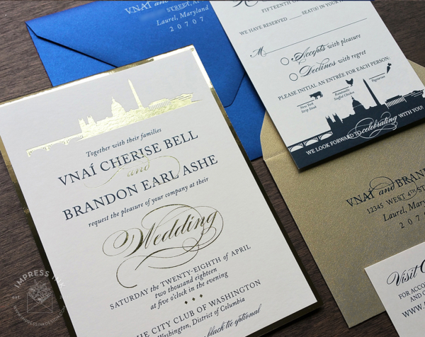 Washington DC City Invitation in gold foil imprint with blue satin envelopes