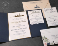 Washington City Pocket Invitation in gold foil imprint in navy folder, blush floral accents and envelopes