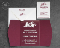 Mountain Sketch Acrylic Invitation with white ink on clear acrylic cards and burgundy folder