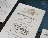 Silver Mountain Sketch Invitation with silver foil imprint and navy blue text