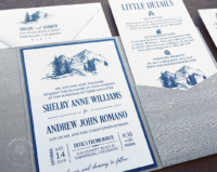 Mountain Sketch Pocket Invitation in royal blue with gray woodgrain pocket folder
