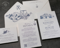 Mount Rainier Letterpress Invitation with mountain sketch in navy blue letterpress ink and ski lift theme envelope liners, gondola accents