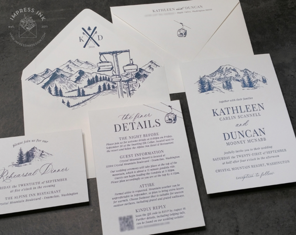Mount Rainier Letterpress Invitation with mountain sketch in navy blue letterpress ink and ski lift theme envelope liners, gondola accents