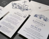 Mount Rainier Letterpress Invitation with mountain sketch in navy blue letterpress ink and ski lift theme envelope liners, gondola accents