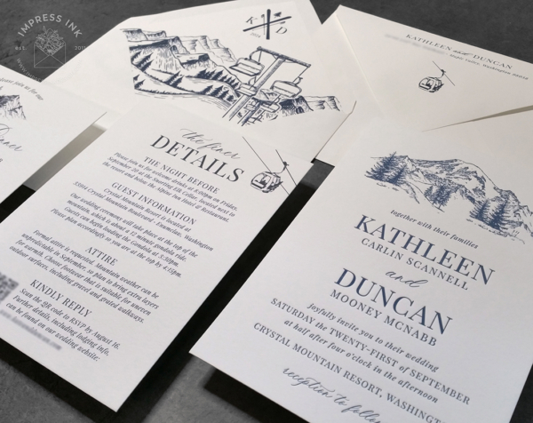Mount Rainier Letterpress Invitation with mountain sketch in navy blue letterpress ink and ski lift theme envelope liners, gondola accents